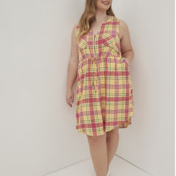 torrid Dresses & Skirts - TORRID YELLOW & PINK PLAID MINI CHALLIS ZIP-FRONT SHIRT DRESS 3X NWT